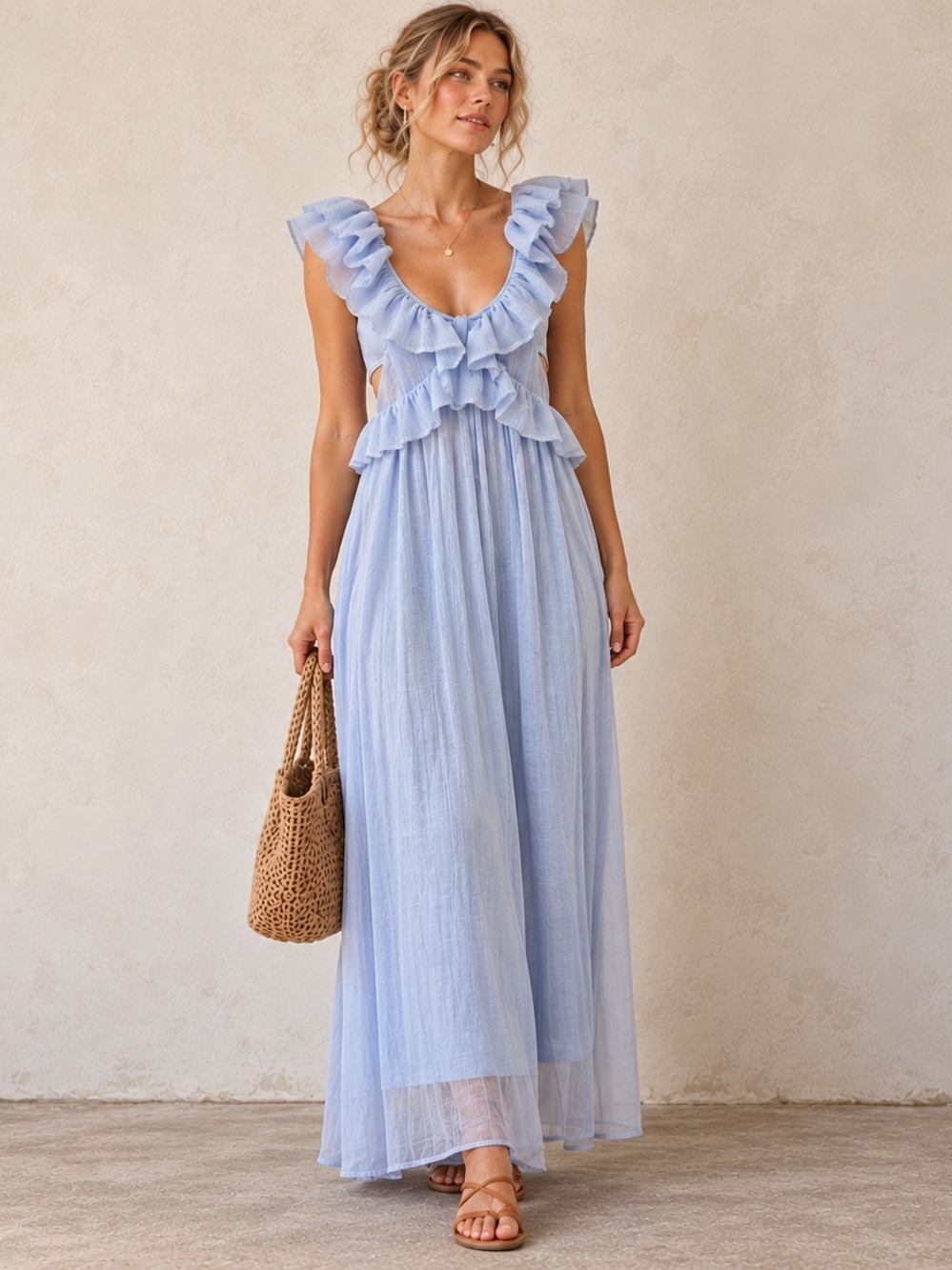 Ruffle Open Back Bow Maxi Dress